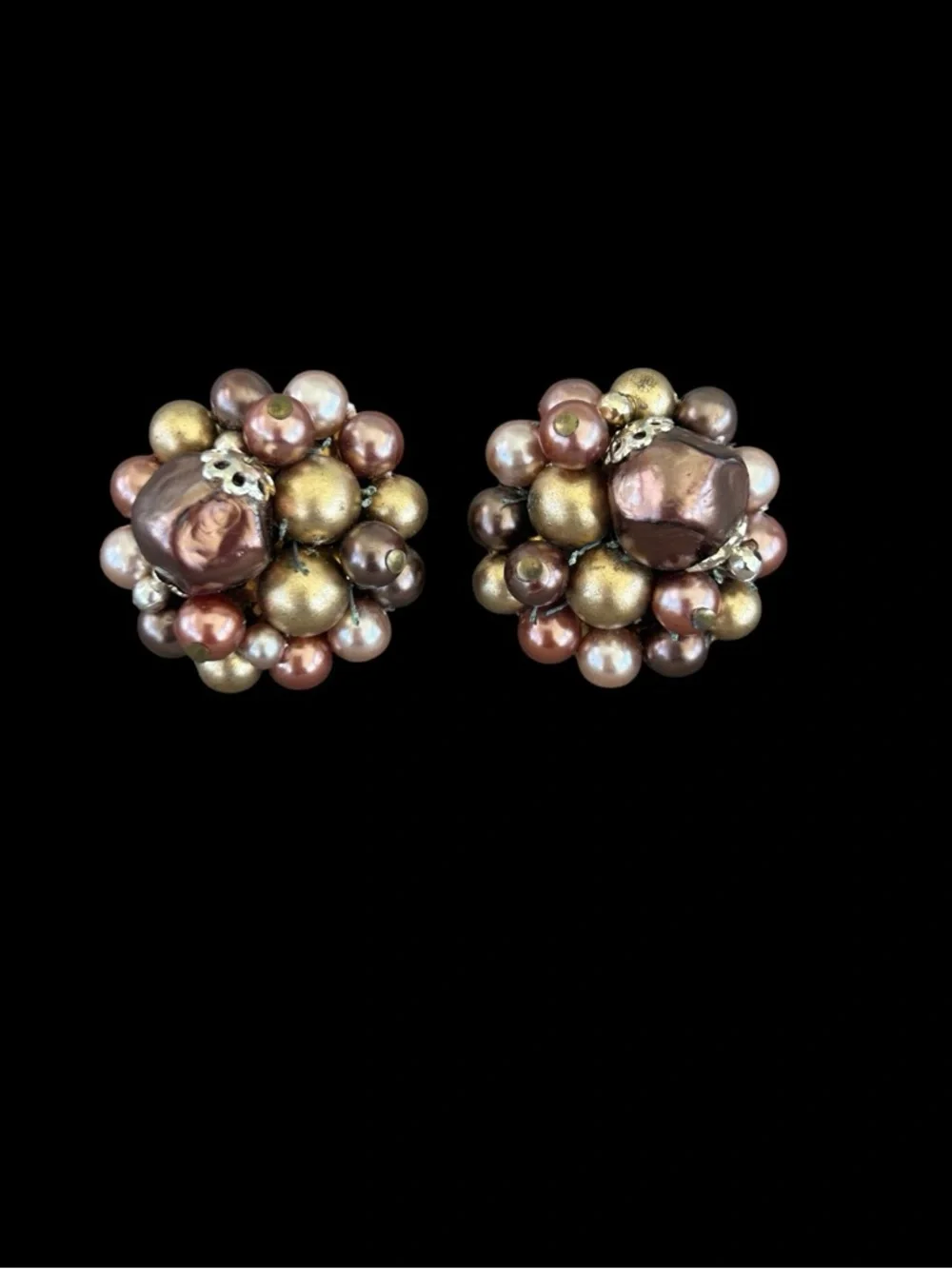 VTG MCM Beaded Pearl Cluster Clip On Earrings Shades of Brown Marked Japan 1